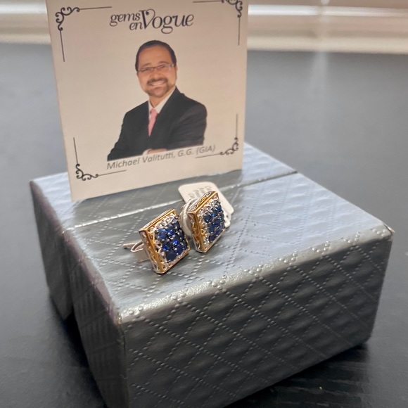 NWT Royal Blue Sapphire Square Cluster Earrings - Picture 3 of 16